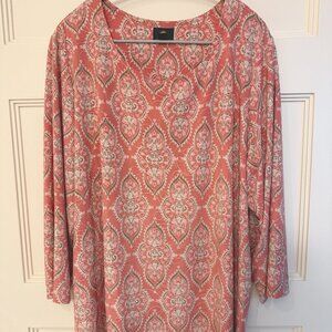 EUC - Size 2X - Coral, Tan, Olive Silky-Feel Blouse, 3/4 Sleeve
